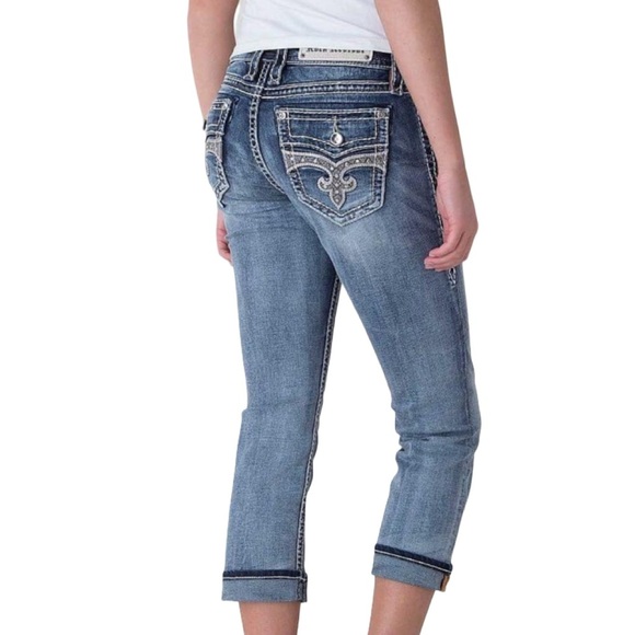 Rock Revival Mid Rise Curvy Capri Jean Audrina Wash Embroidery Rhinestones Sz 28 - Picture 2 of 16